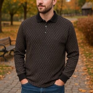 Marc Edwards Casual‎ Geometric Brown & Black Preppy Mens Large Long Sleeve Polo